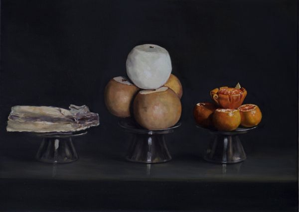 The offer– pears, tangerines, an octopus, Oil, 72 x 50 cm